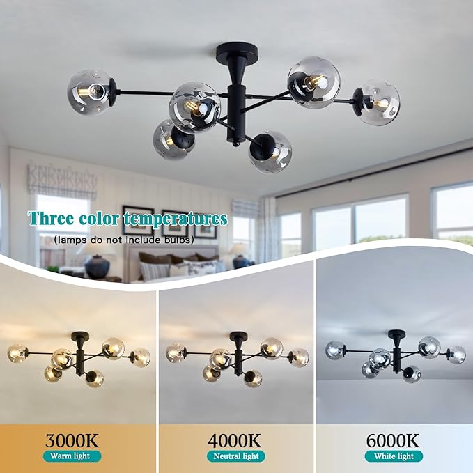 hesoge Modern Sputnik Ceiling Lights Black Semi Flush Mount Ceiling Fixture with Glass Globes 6 Light Chandelier for Dining Room Bedroom Living Room Kitchen Farmhouse.