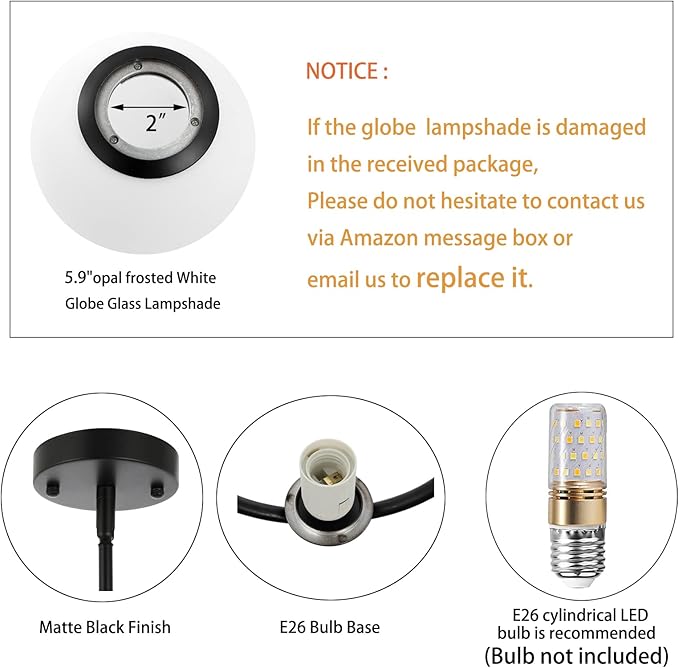 BYOLIIMA Modern Globe Pendant Light Mid Century Chandelier 1-Light Matte Black Ceiling Hanging Lighting Fixture with White Globe Glass Shade for Kitchen Island Dining Room Bedroom