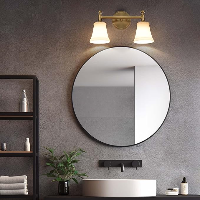 Gold Bathroom Vanity Light Fixtures, Traditional Aged Brass 2 Lights Wall Sconce Lighting with Opal Glass Shade, Porch Wall Mount Light Fixture for Bathroom, Mirror Cabinets Hallway Stairs