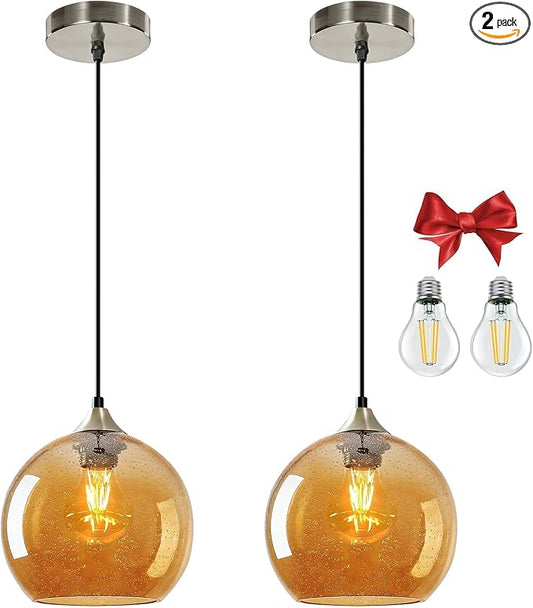 7.1in Medium Amber Glass Pendant Light for Kitchen Island, 2-Pack with Extra LED Bulbs & 4.92ft Adjustable Cord | Modern Minimalist Lighting for Dining Room, Living Room, Entryway