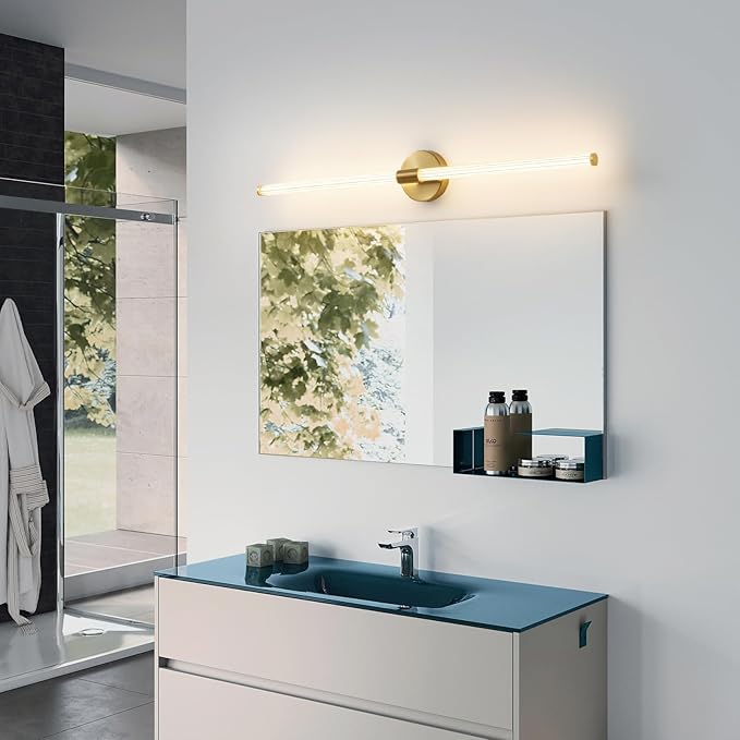 Dimmable LED Bathroom Vanity Lights Hardwired 360° Full Lighting Bathroom Light Fixtures Over Mirror Vanity Light Bar Modern Wall Sconce Warm Light for Bedroom Living Room - Gold, 39 inch