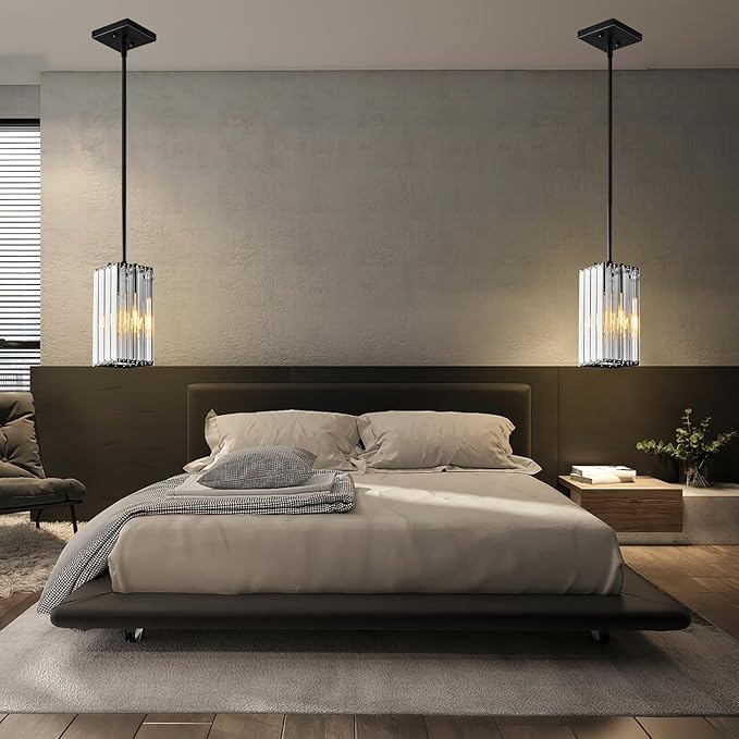 Modern Pendant Light Black Rectangle Pendant Lighting Mini Crystal Chandeliers Adjustable Pendant Light Fixture for Kitchen Island Dinning Room Living Room Corridor Bedroom(Black 2-Pack)