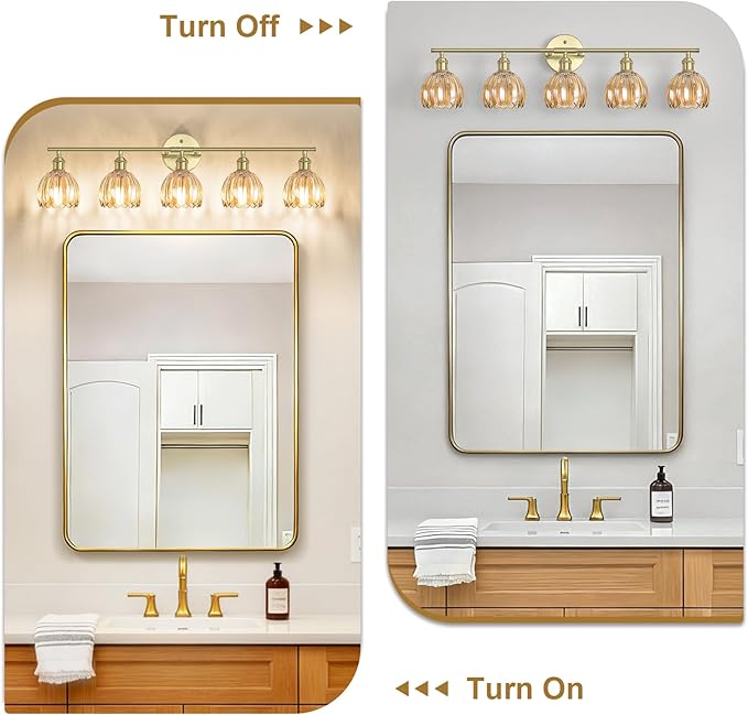 Vintage Bathroom Light Fixtures,5-Light Hardwired Vanity Lights with Amber Tulip Glass Shade,Gold Bathroom Vanity Light for Mirror Restroom,E26 Socket,33.46 in(Bulbs Not Included)