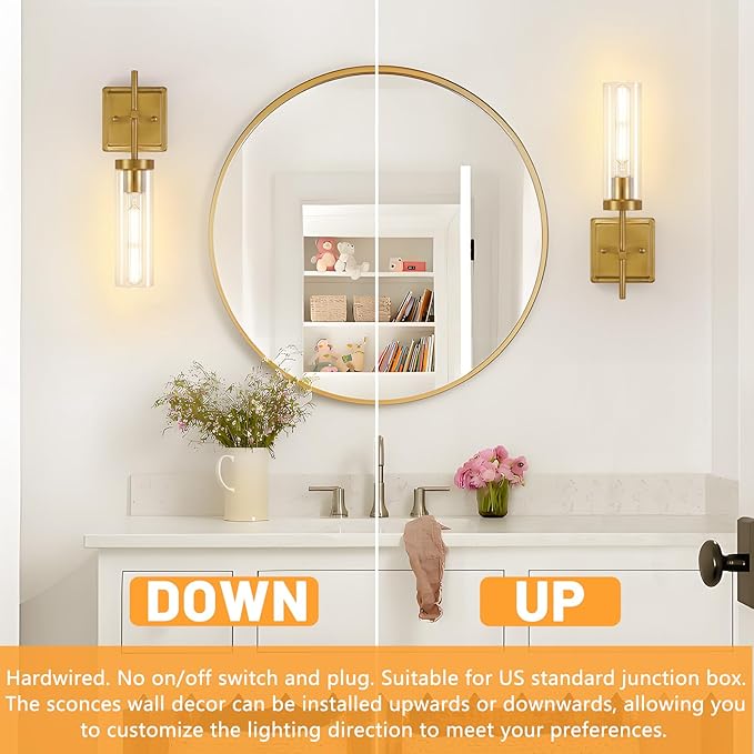 Gold Wall Sconces Lighting Set of 2, Hardwired Bathroom Vanity Light Fixture with Clear Glass Shade, Farmhouse Wall Mounted Lights for Mirror Bedroom Living Room Kitchen (Bulbs Not Included)