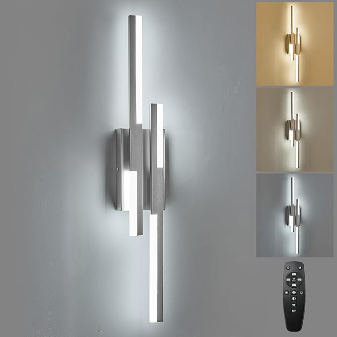 Benkut Modern LED Wall Sconce Silver Remote Wall Light Fixtures for Bathroom, Dimmable Vanity Light Indoor LED Remote Wall Sconce for Bedside Bedroom Living Dining Room (27.6inch 3000-6500K 1 Pack)