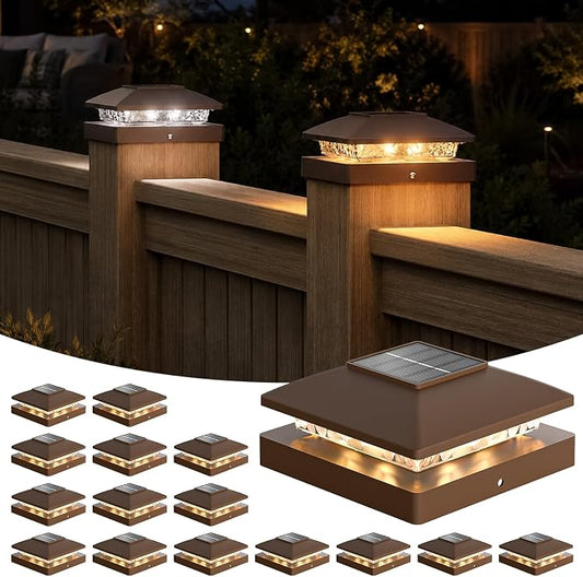 APONUO Solar Post Cap Lights for 4x4 Posts - IP64 Waterproof, 3000/6500K LED, Wireless Fence Lights & Deck Lights for Patios, Gardens, and Yards, Brown-Warm/Cool White, 16-Pack
