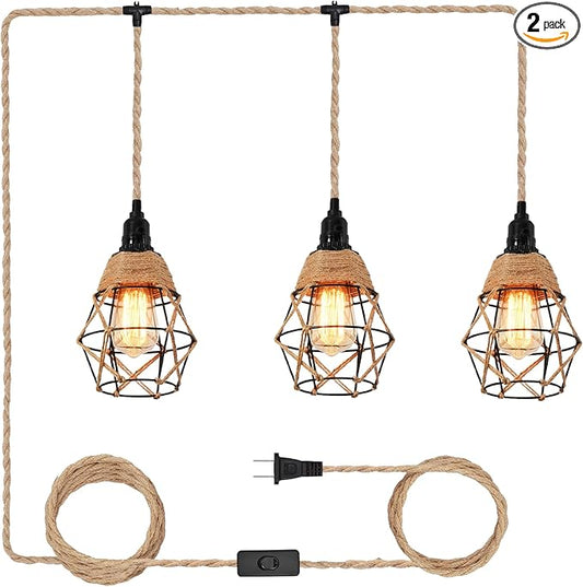 3 Light Hemp Rope Plug in Pendant Light Rattan Hanging Lights with Plug in Cord with Woven Lamp Shade, Hanging Lights with Plug in Cord Hemp Rope Hanging Lamp