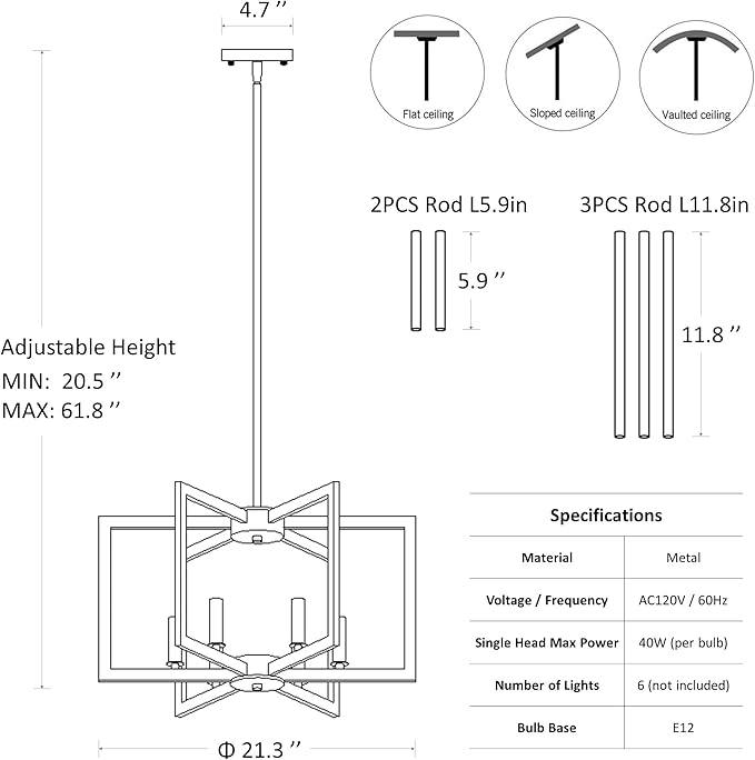 Klgxnrd 6-Light Modern Farmhouse Black Chandeliers for Entryway, Geometric Pendant Lights Kitchen Island, Hanging Industrial Metal Chandelier for Stairway Foyer Hallway Dining Room