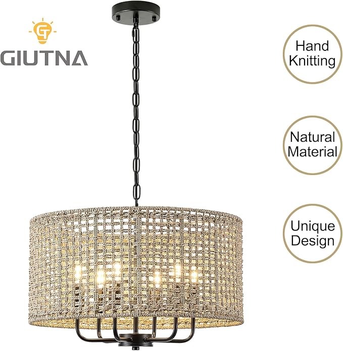 20" Rattan Hand-Woven Boho Wicker Chandelier - 6-Light Drum Farmhouse Oversized Vintage Pendant Light Fixture for Dining Room, Kitchen Island, Entryway (Black)