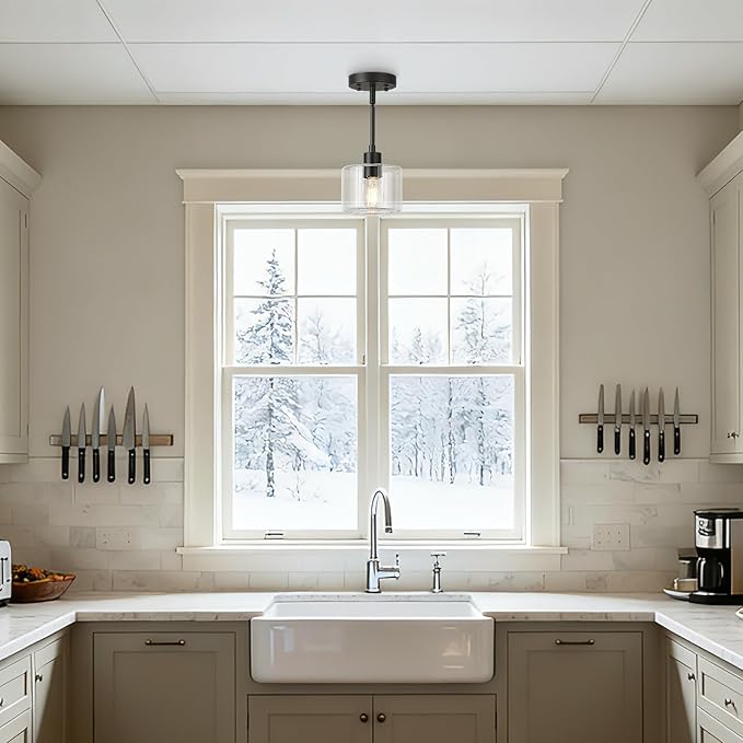 Black Pendant Lights Kitchen Island, 1-Light Modern Clear Glass Hanging Light Fixtures with Rods, Mini Kitchen Pendant Lighting Over Island for Sink Bathroom, OS-YQ8153-1PBKC