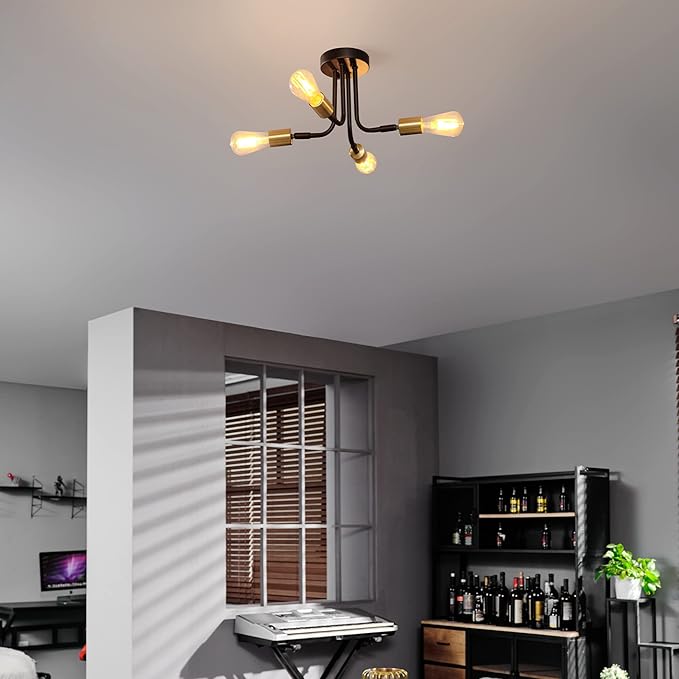 GLOBE Electric 66000072 4-Light Adjustable Socket Semi-Flush Mount Ceiling Light, Matte Black, Matte Brass Accents, Ceiling Light Fixture, Home Improvement, E26 Base, Pivot Joint, Exposed Socket