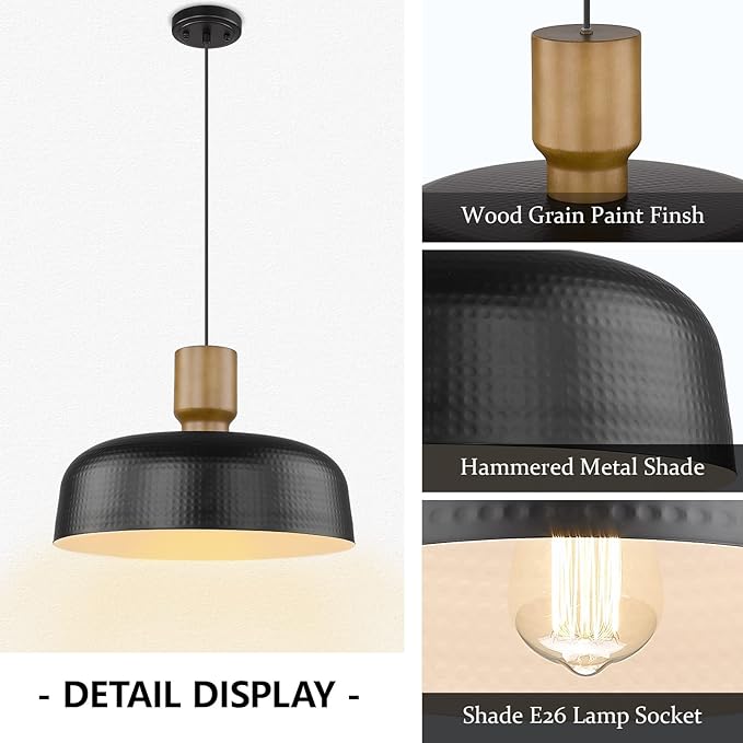Darkaway Large Industrial Pendant Light Fixtures with Hammered Metal Shade, 2Pack Black 18.1inch Oversized Pendant Lighting for Kitchen Island Hanging Lamp Adjustable Height