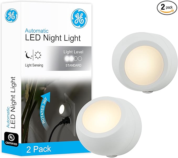 GE Rotating Plug in Night Light, Home Decor, Apartment Essentials, LED Lights for Bedroom, Ambient Lighting, Dusk to Dawn Sensor, Nightlight, Bathroom, Dorm Room, 2 Pack 31533