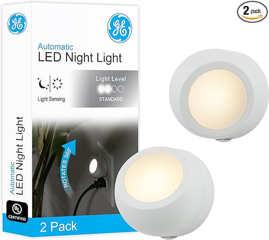 GE Rotating Plug in Night Light, Home Decor, Apartment Essentials, LED Lights for Bedroom, Ambient Lighting, Dusk to Dawn Sensor, Nightlight, Bathroom, Dorm Room, 2 Pack 31533