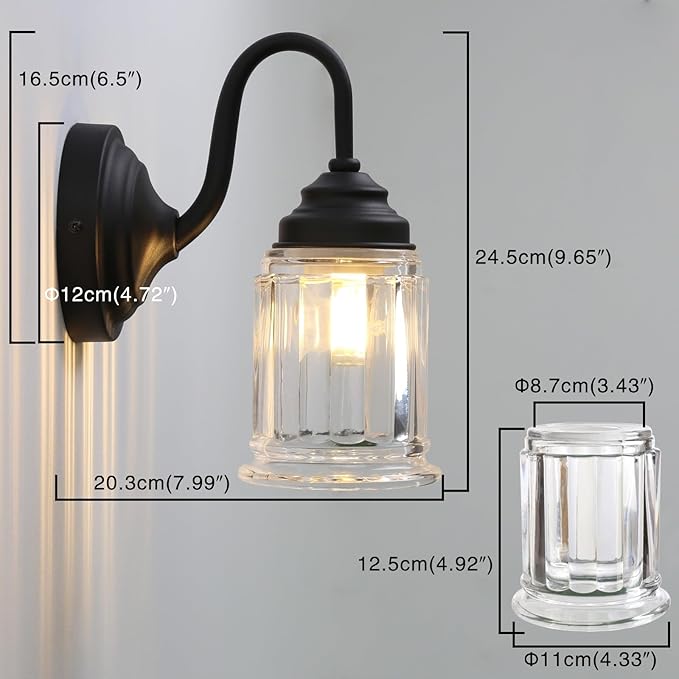 PERMO Vintage Single Sconce Black Wall Sconce with Clear Bell-Shaped Glass Shade Black Hardwired Sconces for Living Room Bedroom Doorway