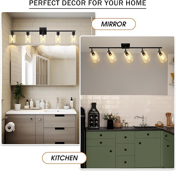 5-Light Track Lighting Fixtures with Clear Glass Shade, Modern Kitchen Lighting Fixtures Ceiling, Rotatable Track Head, Wall Mount Track Light for Bedside Vanity Hallway Bedroom, Matte Black