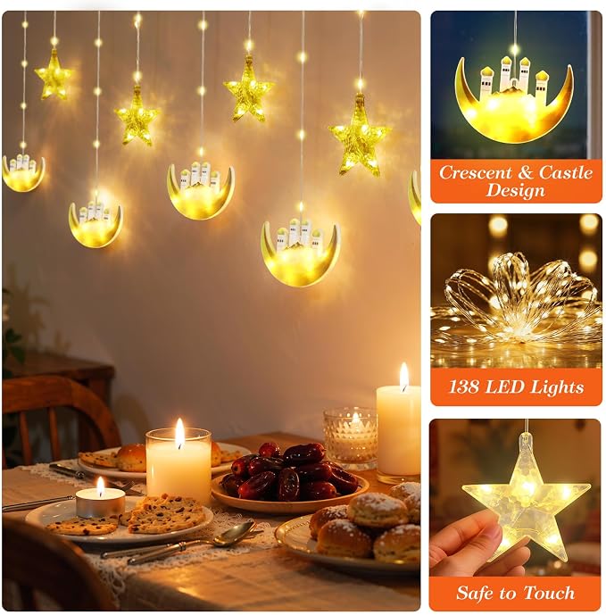 Lewondr Ramadan Curtain String Lights, 138 LED Moon Castle Star Fairy Lights with 6H Timer, 8 Modes, Remote Control, USB Powered Curtain String Light, Eid Mubarak Decorations for Ramadan Home, Yellow