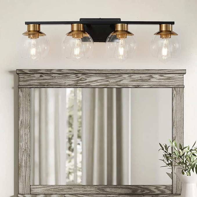 PAZALA Black Gold Bathroom Light Fixtures Over Mirror 4-Lights Vanity Light Wall Sconce with Globe Glass Shade, E26 Base, Perfect for Hallway Picture Wall Lighting Bathroom Bedroom Mirror Living Room