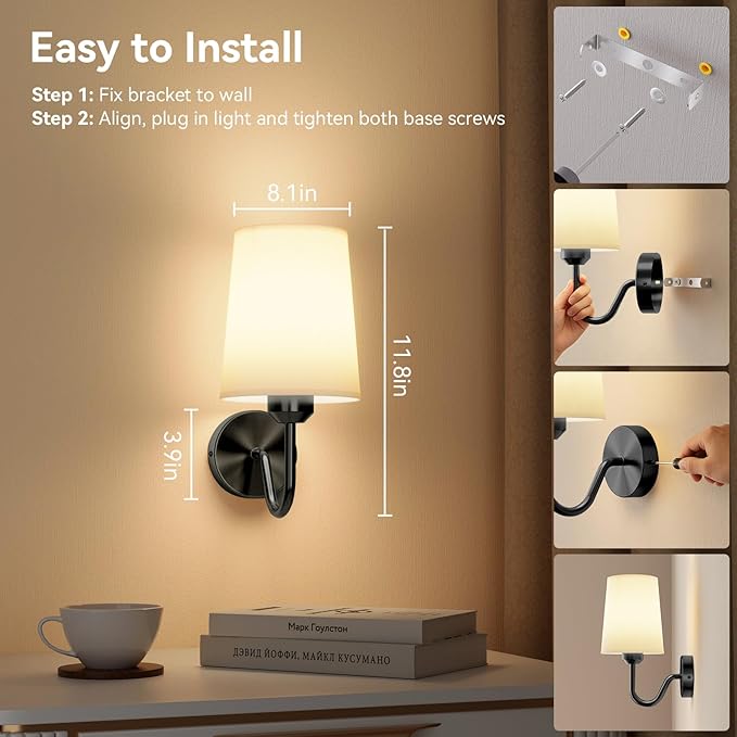 Ouyulong Battery Operated Wall Sconces Set of 2 Wireless Rechargeable Dimmable Wall Light with RGB Bulb and Remote for Bedroom, Living Room, Hallway (Black)