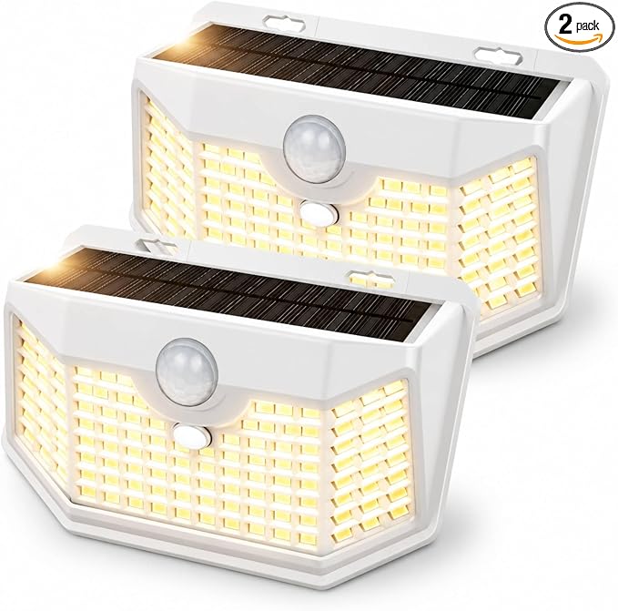 HMCITY 120 LED Solar Lights Outdoor with Motion Sensor and 3 Lighting Modes, IP65 Waterproof Wide Solar Wall Lights Ideal for Garden Patio Yard (Front Button 2Packs, White Shell-Warm White)