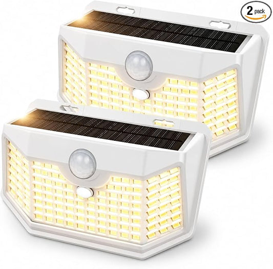 HMCITY 120 LED Solar Lights Outdoor with Motion Sensor and 3 Lighting Modes, IP65 Waterproof Wide Solar Wall Lights Ideal for Garden Patio Yard (Front Button 2Packs, White Shell-Warm White)