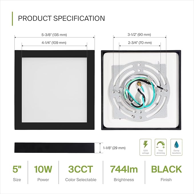 ASD LED 5" Square Flush Mount Light | 10W 740LM 3000-5000K 120V | 3CCT, Dimmable, Ultra Slim, ETL Listed | Thin Surface Lamp, Bedroom Ceiling Lighting | Black, 6 Pack