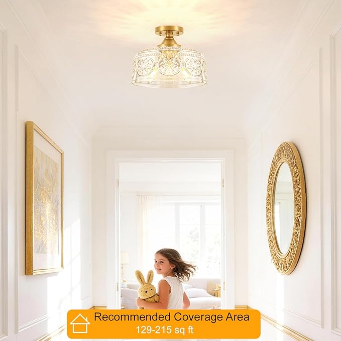 Vintage Gold Semi Flush Mount Ceiling Light Fixture, 3-Light Hallway Light Fixture with Thickened Glass, Close to Ceiling Light for Kitchen, Entryway, Foyer, E12