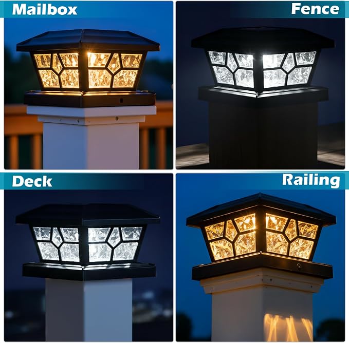 SIEDiNLAR Solar Post Lights Outdoor 6 Pack 4 Modes 40 LEDs Deck Fence Post Cap Light for 4x4 5x5 6x6 Wooden/Vinyl Posts Patio Decor, Warm/White Dynamic Lighting (Black)