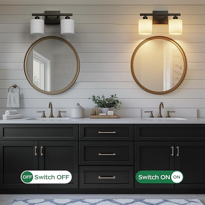 PARTPHONER Bathroom Light Fixtures, Bathroom Lighting Fixtures Over Mirror, Interior Classic Vanity Lights, Modern Vanity Light with Textured White Glass Shade, Matte Black, 2-Light