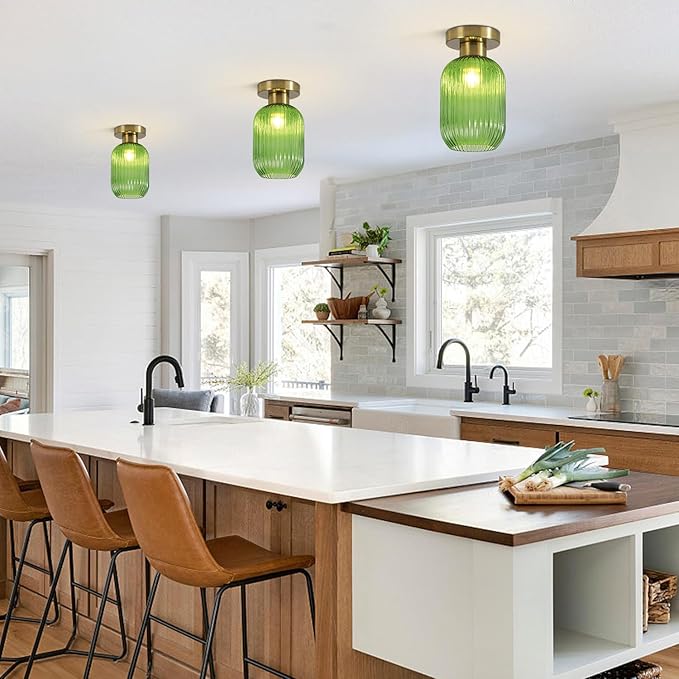 BOKT Globe Glass Ceiling Light Fixture Vintage Semi Flush Mount Ceiling Light Modern Classic Green Open Glass Shade Ceiling Hanging Light Fixtures for Bedroom Living Dining Room