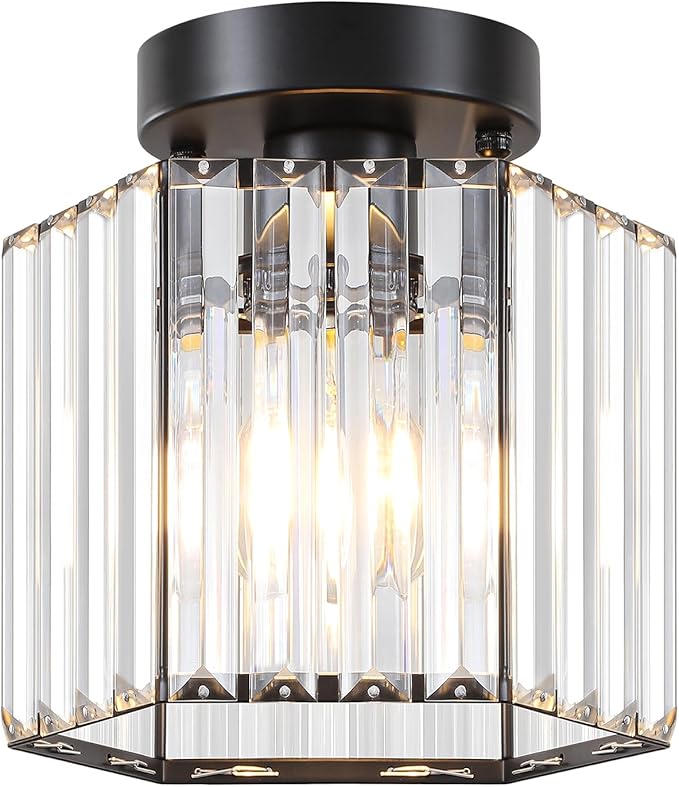TOULMJ 2 Pack Crystal Semi Flush Mount Ceiling Light, Hallway Light Fixture Modern Black Kitchen Lighting Fixtures Close to Ceiling Lights for Bathroom Entryway Bedroom Foyer Laundry Room