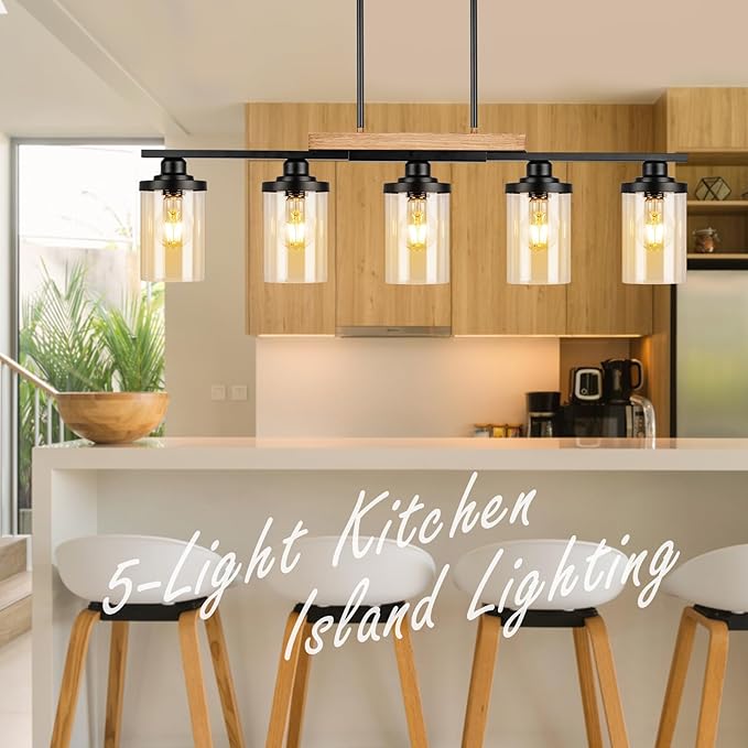 5-Light Kitchen Island Lighting, Farmhouse Dining Room Chandelier over Table, Modern Pendant Light Fixture with Adjustable Height, Large Black Ceiling Light for Dining Table Sloped Ceiling Compatible