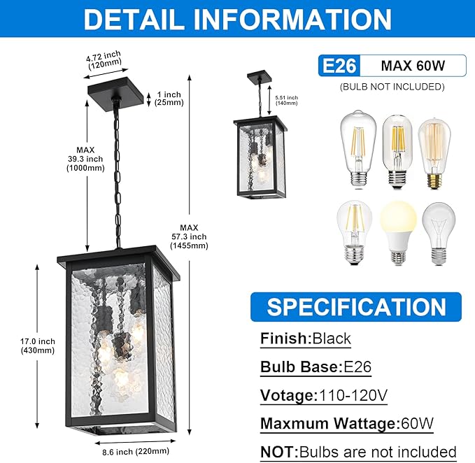 17'' Large Outdoor Pendant Lights for Porch, 3-Lights Matte Black Exterior Hanging Lantern with Hammer Glass, Outdoor Chandelier Ceiling Light Fixture for Patio, Gazebo, Entryway