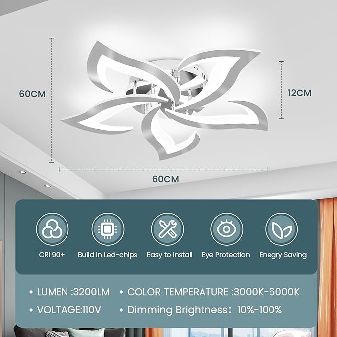 Modern Ceiling Light Fixture, 3000K-6000K Dimmable Flush Mount Ceiling Light with Remote Control, 45W Acrylic Chrome LED Ceiling Lights for Living Room, Bedroom, Dining Room,23.6In