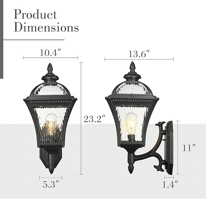 Emliviar 23 Inch Outdoor Light Fixture Wall Mount, Modern Black Outdoor Wall Sconce with Water Ripple Glass, Weatherproof Exterior Wall Light, XE266B-SW BK