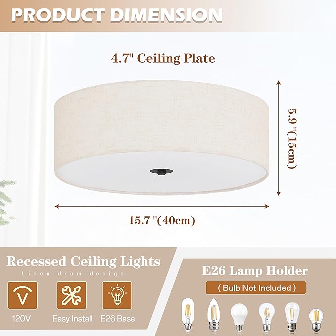 Bagood 16 Inch 3-Light Drum Modern Black Ceiling Light Fixture Flush Mount Ceiling Light Fixture Dimmable Close to Ceiling Light Fixture with Fabric Shade for Living Room Hallway Entryway Bedroom