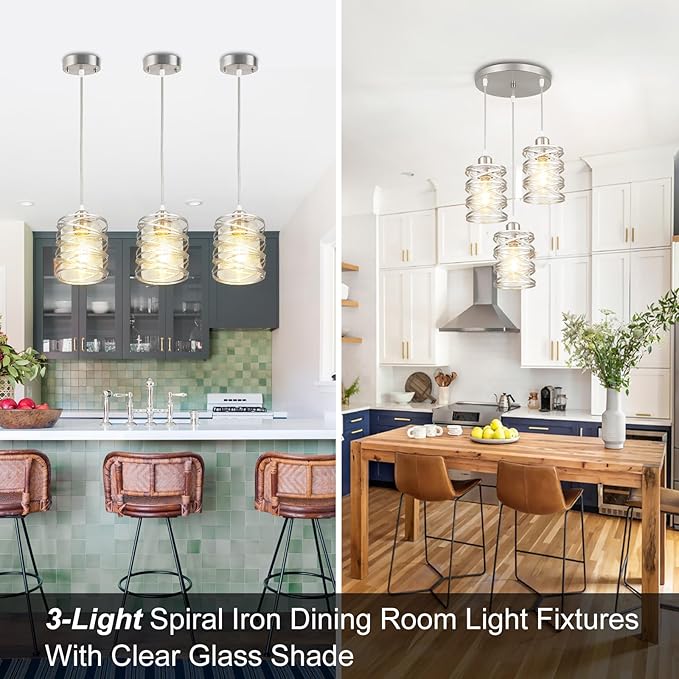 Brushed Nickel Cluster Pendant Lights, 3-Light Kitchen Island Pendant Light Fixtures with Clear Glass Shades, Adjustable Spiral Iron Dining Room Hanging Light Fixture
