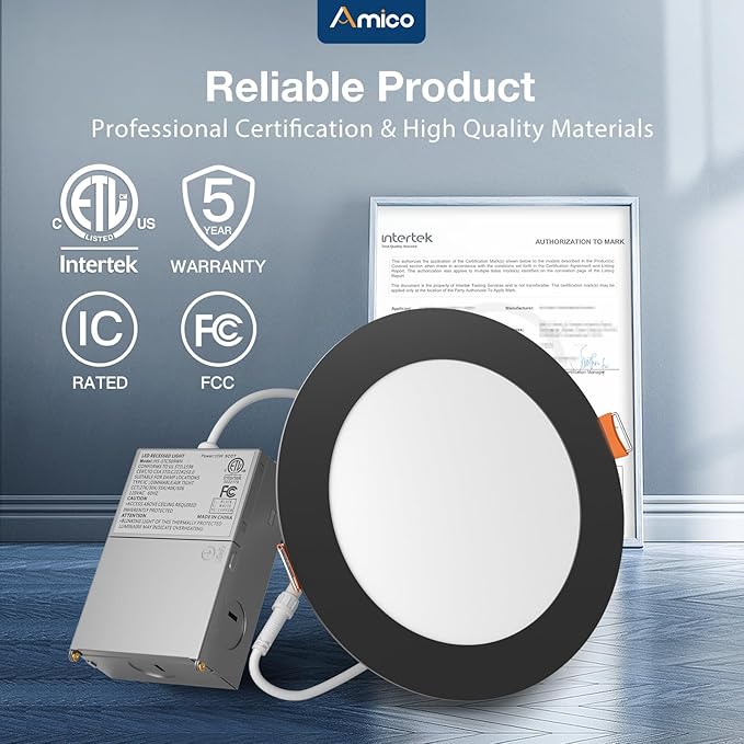 Amico 24 Pack Black 6 Inch 5CCT Ultra-Thin LED Recessed Ceiling Light with Junction Box, 2700K-5000K Selectable, 1050 Lumens, Dimmable Canless Wafer Downlight, 12W Eqv 110W-ETL&FCC