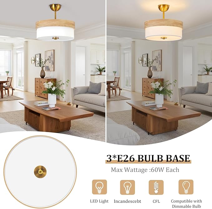 Bargeni Semi Flush Mount Ceiling Light,13 Inch Light Fixtures Ceiling Mount, Natural Wood Trim with Cream White Fabric Shade, Modern Ceiling Light Fixture for Bedroom,Hallway,Kitchen