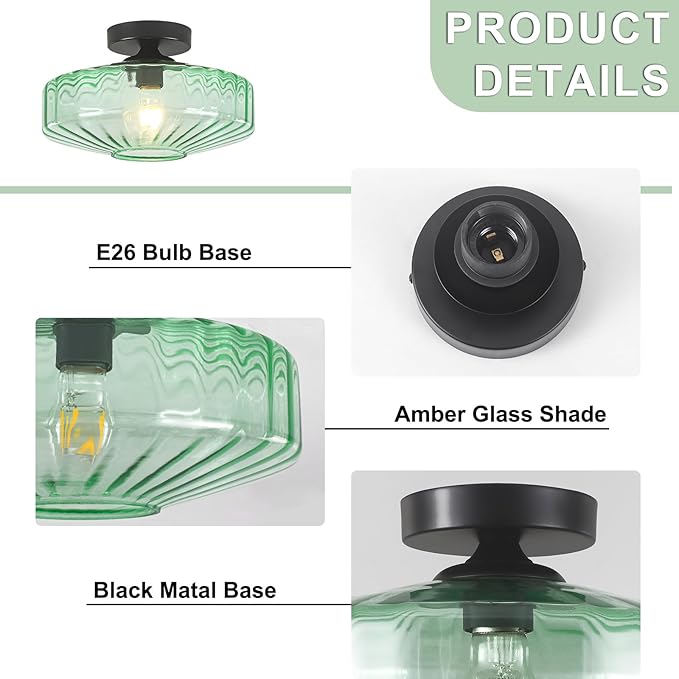Semi Flush Mount Ceiling Light, 11.8" Vintage Green Glass Ceiling Lights, 1-Light Mid Century Modern Drum Close to Ceiling Light Fixtures for Bedroom Kitchen Entryway Hallway Porch Foyer