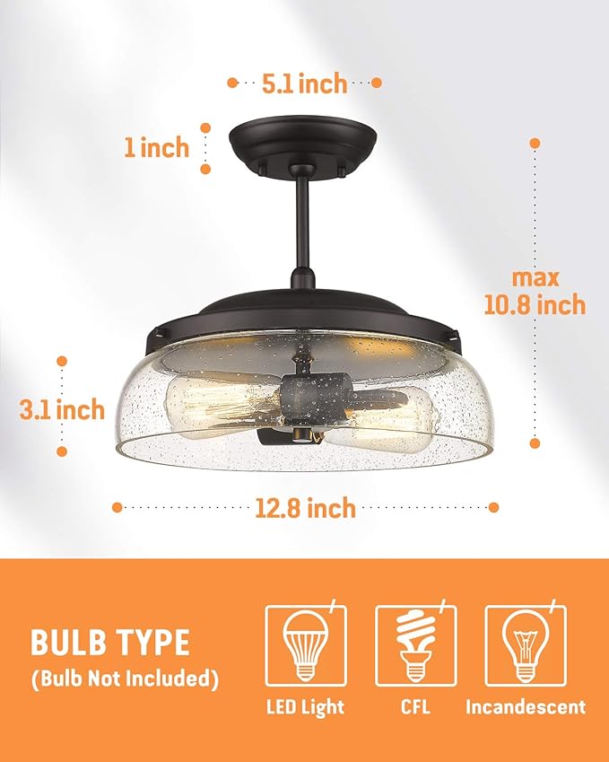EAPUDUN Semi Flush Mount Ceiling Light, 2-Light Modern Light Fixture with Seeded Glass Shade, Oil Rubbed Bronze Finish for Hallway Corridor Kitchen Bathroom Bedroom Passway, SMA1124-ORB