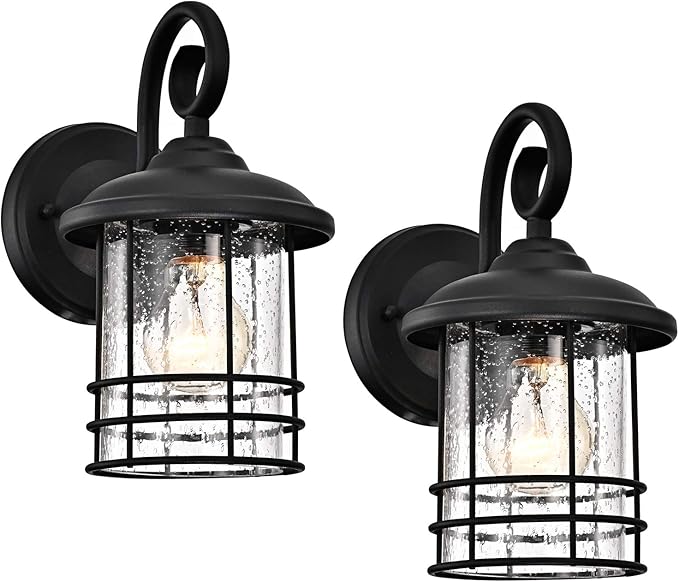 MICSIU 2-Pack 5.5" Wide Compact Outdoor Wall Light, 10" Anti-Rust Textured Black Exterior Lantern for Garage Pillar & Side Door, Narrow Porch Light with Seedy Glass, ETL Listed