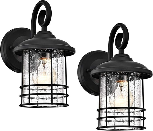 MICSIU 2-Pack 5.5" Wide Compact Outdoor Wall Light, 10" Anti-Rust Textured Black Exterior Lantern for Garage Pillar & Side Door, Narrow Porch Light with Seedy Glass, ETL Listed