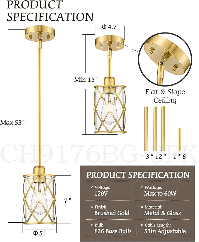 Brushed Gold Pendant Lights Kitchen Island 3 Pack, Glass Kitchen Pendant Lighting Over Island with Rod, Modern Mini Hanging Light for Kitchen Sink Dining Room, CH9176BG-3PK