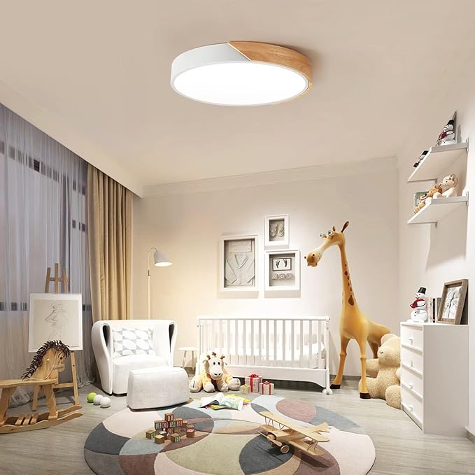Vikaey Modern LED Ceiling Light, Minimalist Wood Flush Mount Ceiling Light Fixture, 4000K Not Dimmable, Circle Lighting Lamp with Acrylic Lampshade for Bedroom Dining Room Laundry (White, 15.8'')