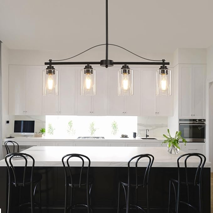 Island Light for Kitchen, 4-Light Linear Chandelier Pendant Lighting for Kitchen Island, Matte Black Dining Room Light Fixture Over Table with Clear Glass Shades