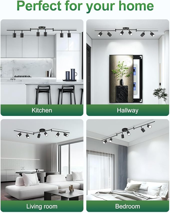 6 Ways Track Lighting, Rotatable Heads Tracks Light, Track Lightings Fixtures Ceiling with Foldable Arms, Modern Black Tracks Light for Kitchen, Living Room, Hallway(Bulbs Not Included)