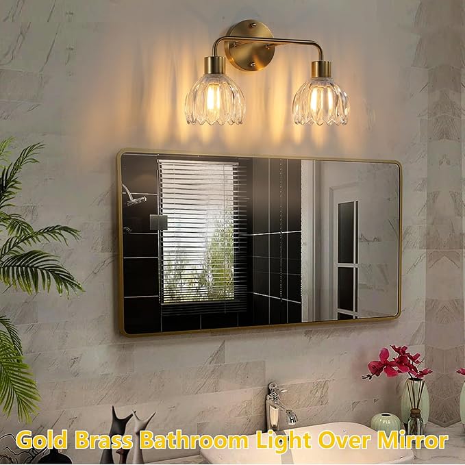2-Light Gold Brass Bathroom Light Fixture with Clear Tulip Glass Shade,Wall Sconces,Vintage Vanlity Light Over Mirror,Bathroom Wall Light,E26 Socket(Bulbs Not Included)