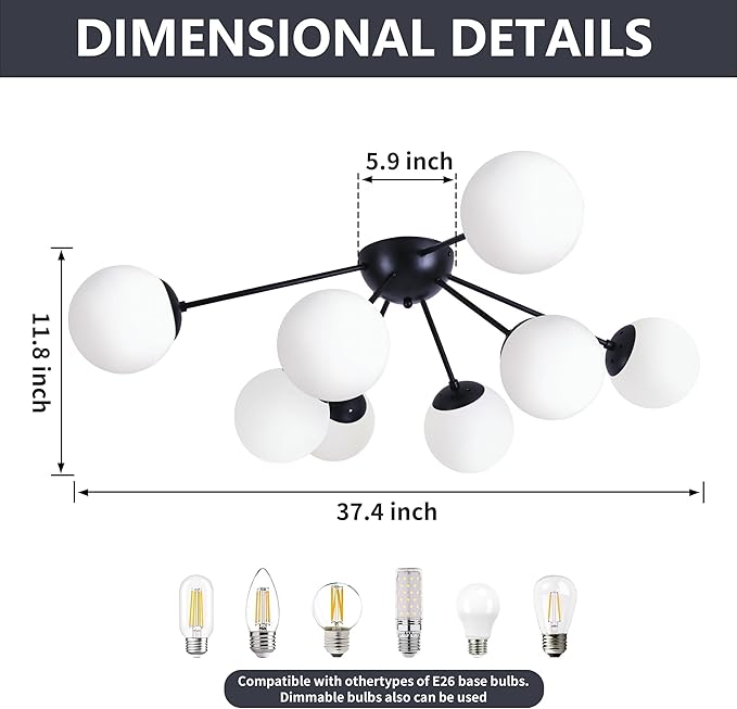 8 Light Mid Century Modern Semi Flush Mount Ceiling Light Fixture Globe Ceiling Light Sputnik Chandelier with Milk Glass Shade Matte Black Finish for Bedroom Hallway Dining Room Living Room