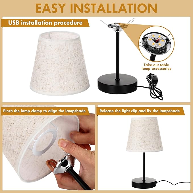 Gerrii 4 Pcs Small Bedside Table Lamp, Wooden Bedroom Tiny Lamp with Linen Shade, Mini Desk Night Light for Bedroom, Living Room, Kids Room Kitchen Counter(Black)